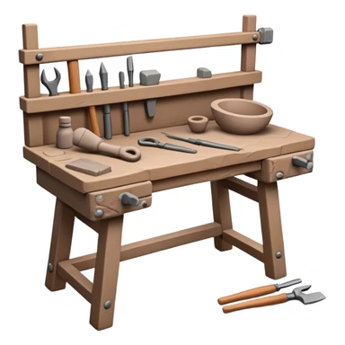 Cinematic Realistic image of a workbench set with a lump of pliable clay and artisanal sculpting tools, rendered with finely detailed textures that reveal subtle clay particles and well-worn tool surfaces, bathed in warm, focused studio lighting sticker