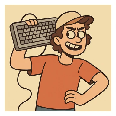 a person holding a keyboard up to their head like a boombox, cartoon style sticker