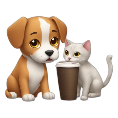 A cat drinking coffee with a dog  sticker