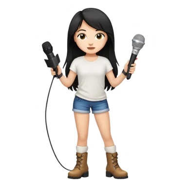 Crie uma cantora morena charmosa de shortes top e bota com microfone branca e cabelo preto sticker