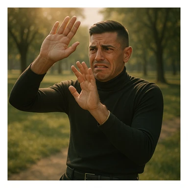 Create a symbolic 4k realistic scene outdoors in a sunny park, showing a man raising his hands to shield his face from the sun, with a fearful and uncomfortable expression. The sunlight is warm, but the man looks tense. Use muted colors and expressive body language, symbolizing misunderstanding about sunlight and health. Use the reference image for facial features and general appearance. sticker