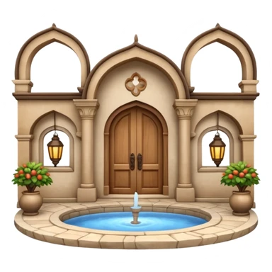 3D Apple-style emoji of a full traditional Turkish han. Rounded stone building with arched wooden doors and windows, small courtyard, fountain, arches, and hanging lanterns. Glossy, smooth, soft shadows, clean white background.






 sticker