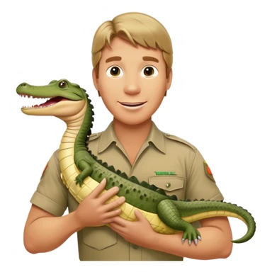Cinematic Realistic Steve Irwin Portrait Emoji, in his signature khaki attire, holding a crocodile or giving an excited thumbs-up. The scene is lit with vibrant, natural sunlight, emphasizing his adventurous spirit and deep connection to nature. sticker