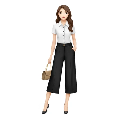 tailored palazzo pants for petite women, moderate wide leg, formal dress pants with button closure, shorter length, elegant office wear, only the garment on white background sticker