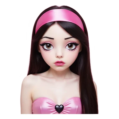 girl with white skin, dark brown long straight hair falling in front of her body, very big pouty extra shiny lips with absolutely no cupid's bow, shiny large eyes with black eyeballs and long eyelashes, lighter button nose, very long oval-shaped face, wearing a pink bandeau top with straight neckline, looking directly at camera with hands down at sides sticker