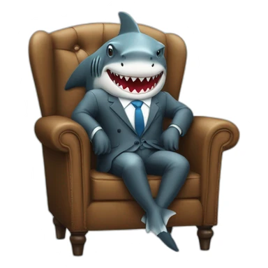 A shark sitting on a chair wearing a suit looking straight sticker