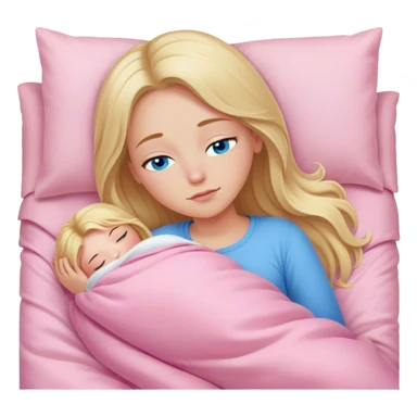 Cinematic realistic blonde with long hair, blue eyes, dressed in a pink top, sleeping in a cozy, soft bed, covered with a white duvet sticker