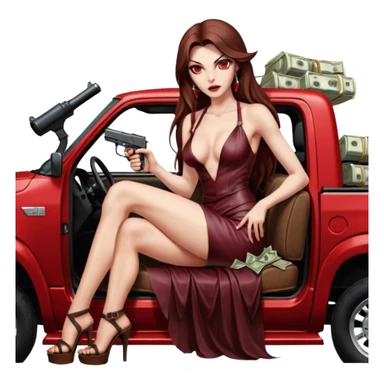 Lilith red eye seductress evil long brown haired sexy succubus woman with leather long dress with slit on, sitting in Big Large F350 pickup truck. Back seat full of stacks of cash, she is  Holding a human skull of her enemies and a gun in other hand sticker