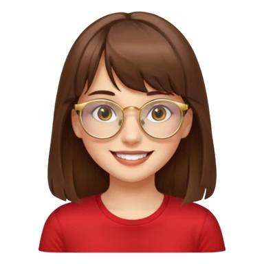 chica con piel blanca sonriendo, ojos marrones y pelo marrón muy largo con flequillo y lentes dorados con remera roja. sticker