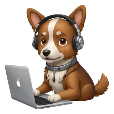 A dog with headphones on  a laptop sticker