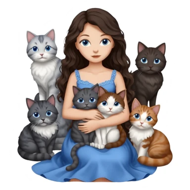 detailed realistic looking a dark grey and white cat regally sitting with six other cats, cuddling with their owner who is a pretty bratz lightly tanned white girl with long dark brown hair, blue eyes and gorgeous long wavy hair wearing a pretty detailed dress sticker