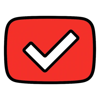 YouTube verified checkmark icon, clean, recognizable, suitable for digital use, white checkmark inside a red play button shape, no text sticker