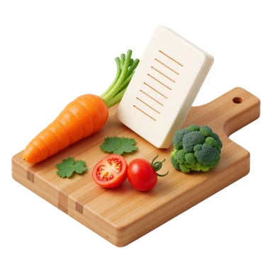 carrot tomato brocoli on the wooden cutting board with floating list  sticker