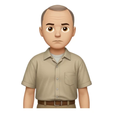 Carl from Sling Blade, serious expression, recognizable features, neutral background, full body, chin sticking out, slouching posture, no glasses, shirt with collar,  side view, the 4th image is good. show his entire body, he is standing. we see him from the side. Not frontal view. Side view sticker