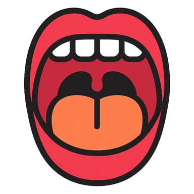 Schematic open mouth with visible tongue, symbolizing speech articulation and sound practice. Vector style, clean and sharp lines. Include realistic shadows and light reflections for depth. Minimalistic, educational design. Transparent background. High contrast between tongue, teeth, and lips for clarity. Flat illustration with soft shading, suitable for speech therapy materials sticker
