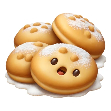 Cinematic Realistic Fritule Dessert Emoji, featuring small, fluffy dough balls dusted with powdered sugar rendered with delicate textures and warm, inviting lighting. sticker