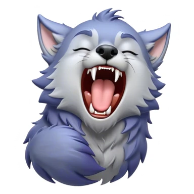 Cinematic Cute Yawning Werewolf Portrait Emoji, with a cuddly, miniature lupine form in soft moonlit grays and silvers, head leaning back in a big, adorable yawn that reveals a few fuzzy teeth, simplified yet irresistibly charming, highly detailed with a soft glowing outline that captures the drowsy, playful essence of a werewolf mid-nap! sticker