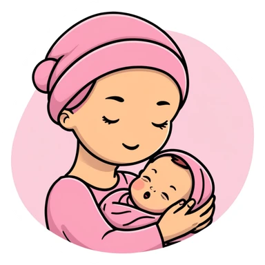 mother tenderly holding sleeping newborn baby wearing pink knit hat sticker