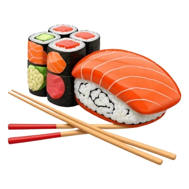 Japanese cuisine humanless avatar in minimalist emoji-style illustration. Sushi, roll and 2 chopsticks, clean lines, red white colors, flat design, calm and modern. sticker