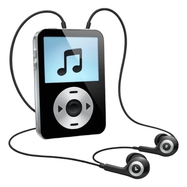 Futuristic iPod emoji with earphones, metallic black and white, smooth reflective surfaces, flat minimal vector design, clean UI style sticker