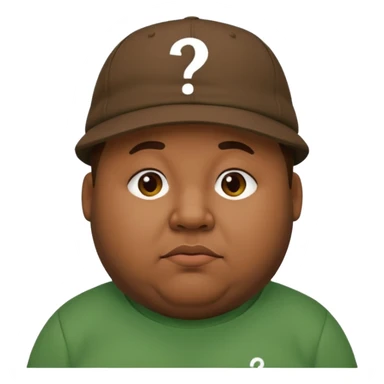 fat man with brown cap and green t shirt printeed a question mark sticker