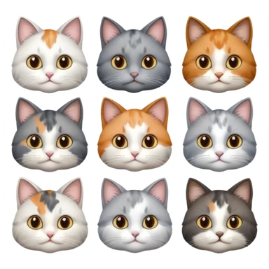 6 realistic looking cats with different natural coloured coats, assorted grey and white, greys, calico, brown and white colours etc
 sticker