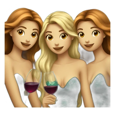 Three beautiful mermaids (two brown hair and blond one) drinking wine sticker