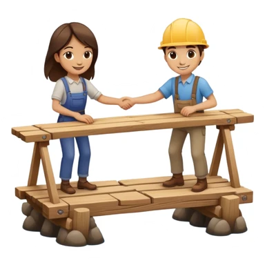 Two people working together on a small bridge, metaphor for building trust sticker