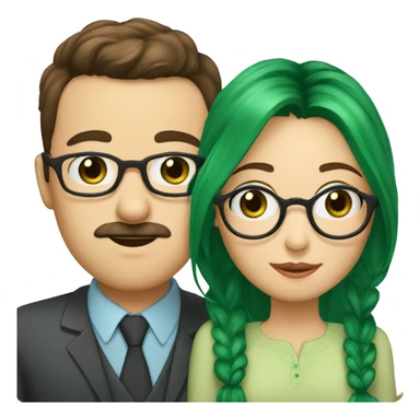 A man with brown hair blue eyes and a mustache is kissing a green haired girl who is thin with green eyes and wearing glasses sticker