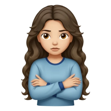 Hispanic light tan girl with long dark wavy hair with arms folded while pouting. Wearing a long sleeve. Hair with middle part. sticker