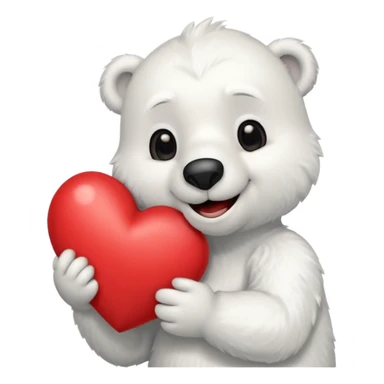Create a goofy polar bear mascot , holding a large red heart sticker