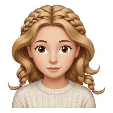 light brown hair blonde hair hazel eyes woman with a white cable knit sweater thatand one braid down her back  with tendrils of hair flowing down her face and she is happy pale, some freckles, blush. she has a cateye wing and long lashes she has eyeliner sticker