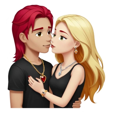 close-up of young couple kissing, girl with long cherry red hair and blonde eyebrows, gold A necklace, diamond ring, red bracelet, boy with stark white hair, silver ring with black stone, dark t-shirt sticker