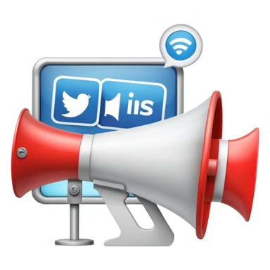 An icon featuring a megaphone, a billboard, and social media icons, symbolizing advertising and public relations. The design includes a press release and a rising graph, representing brand promotion and communication strategies. Transparent background highlights media influence and outreach. sticker