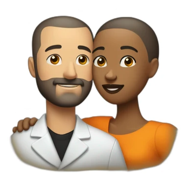 “White man with a buzz cut and skin fade, thin beard, and well-defined mustache by a barber, embracing his Black wife with very straight hair and large orange earrings.” sticker