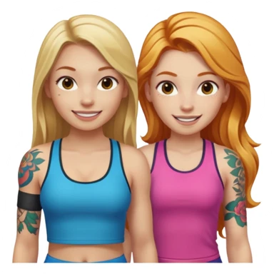 girl with long blonde hair and tattoos next to an athletic ginger girl colorful clothes sticker