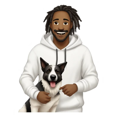 man with dreadlocks, mustache and goatee expressing joy dressed in a white hoodie alongside a dark brindle colored german shepherd dog sticker