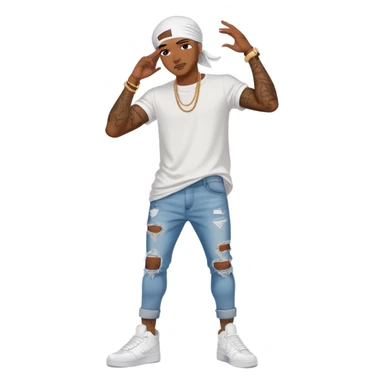 Black man with durag on and ripped skinny jeans and tattoos and white tee shirt and white Air Force ones on sticker