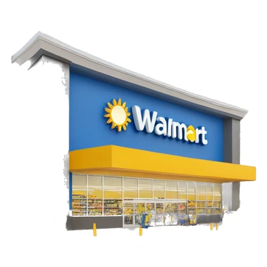 “Exterior of a Walmart store with the sunburst logo above the entrance, blue facade with yellow accents, large sliding glass doors, and shopping carts lined up outside, capturing the look of a busy retail supercenter.” sticker