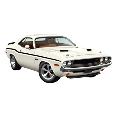 White 1971 Dodge Challenger with sharp details, precise three-quarter view at 30 degrees, accurate muscle car proportions, visible front bumper and fender, pure white finish, iOS emoji style sticker