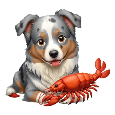 blue merle australian shepherd dog eating a lobster sticker