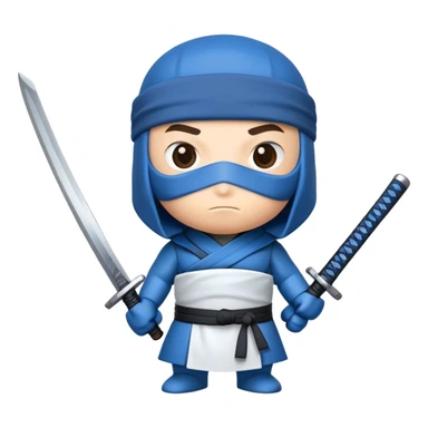 A cartoon to-go coffee cup with a blue ninja headband around the lid and holding a katana sword sticker