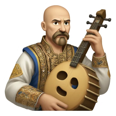 a Cossack warrior playing an ancient stringed instrument. The Cossack has a shaved head and a long strand of hair on one side. He has a thick, curved mustache and wears a gold earring in his left ear. He is wearing a simple Ukrainian embroidered shirt sticker