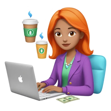 3D clay woman character relaxed with laptop and coffee in Paris, floating icons (dollars), colofrful modern outfit, white laptop, Pixar style, transparent background sticker