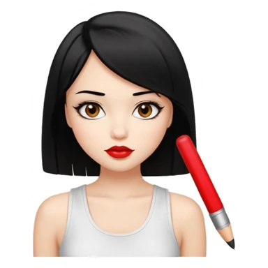 A pretty girl with black straight bob hair. She has hazel eyes with black eyeliner. She has plump red lips. She is wearing a white tank top sticker