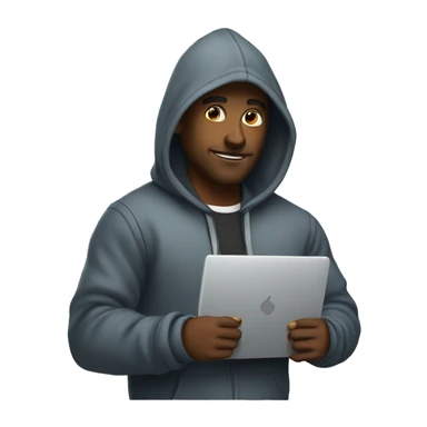 A hacker with a laptop and a dashing hoodie sticker