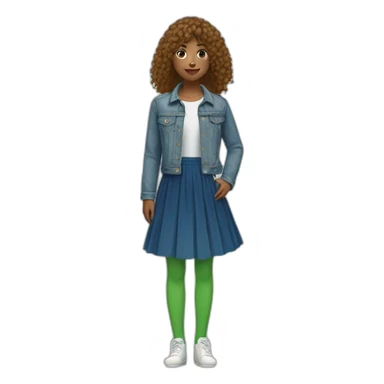 Girl with bangs and tail, in blue denim jacket, white T-shirt, green tights and elongated blue chiffon skirt sticker