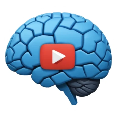 Minimalist flat icon design, brain silhouette with YouTube play button triangle integrated inside, clean vector style, single color or gradient, simple lines, professional logo style, white background, centered composition sticker