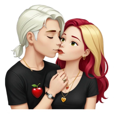 couple kissing, girl with long cherry red hair, blonde eyebrows, gold A necklace, boy with SHORT PURE WHITE HAIR (not blonde, not gray, but WHITE like snow), dark t-shirt, silver ring sticker