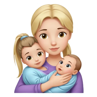 Ponytail girl hugs a newborn baby and a girl sticker